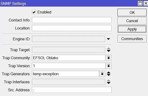 Включение SNMP и подключение настроенного Trap Comminity