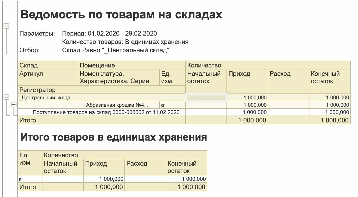 Ведомость по товарам на складах в 1С
